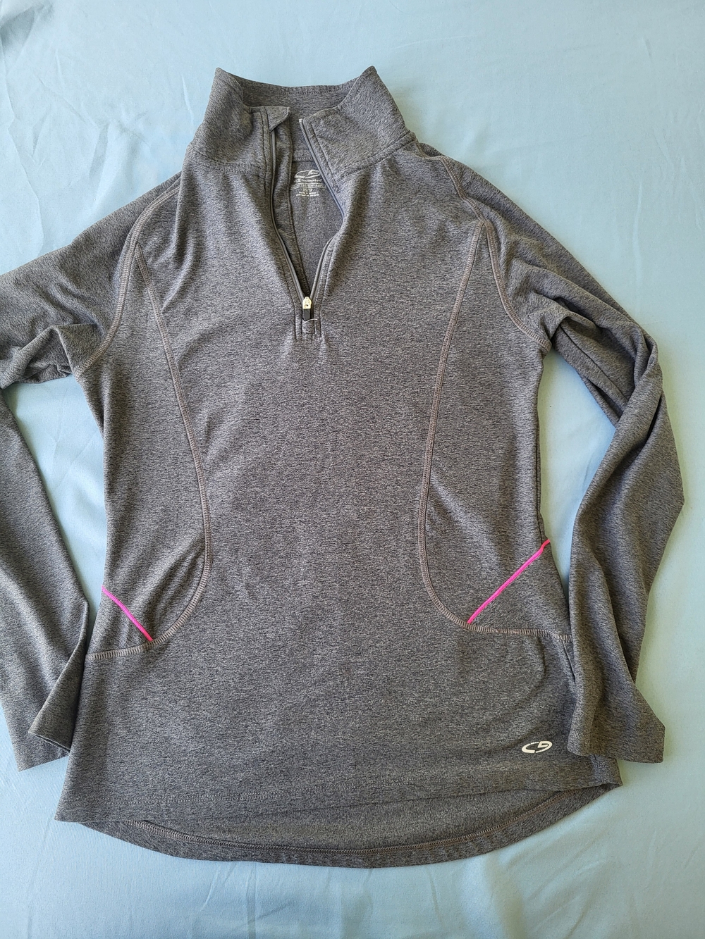 Gray Quarter-Zip Women's Sweater with Pink Trim
